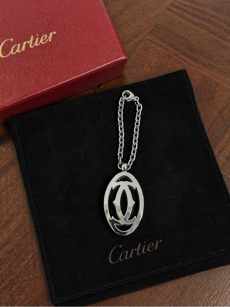 Cartier Double C Logo Charm Keychain Bag Charm Silver Tone W/ Box & Dustbag